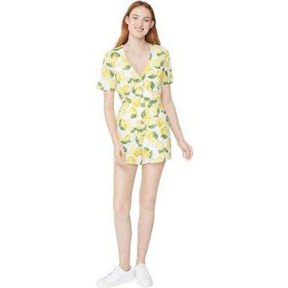 BCBGeneration womens Button Front Flutter Sleeve Romper -Lemon print - Picture 2 of 7